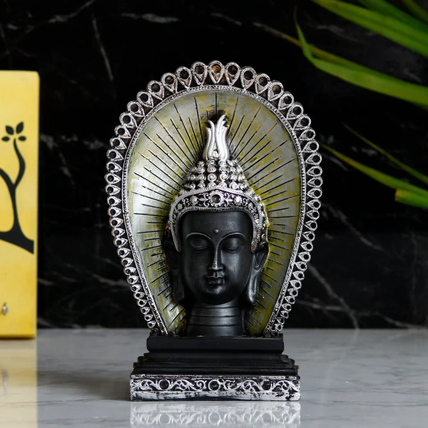 Elegant Silver & Black Polyresin Lord Buddha Head Statue