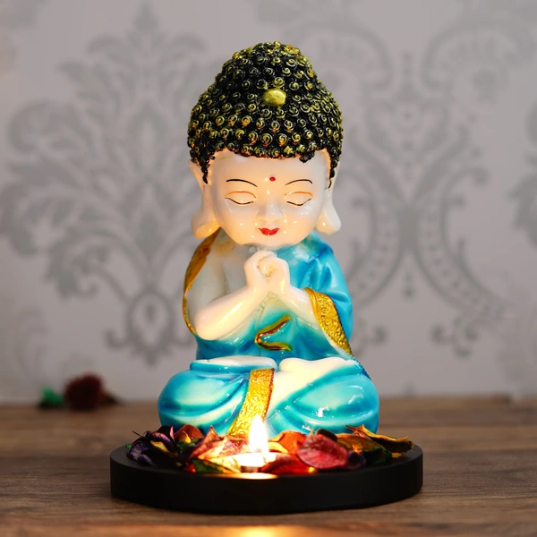 Polyresin Blue And White Praying Monk Buddha Statue