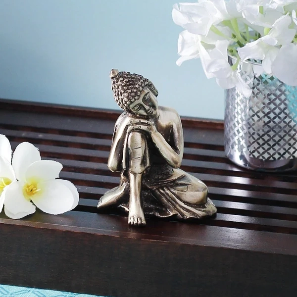 Golden Brass Buddha Resting On Knee Statue