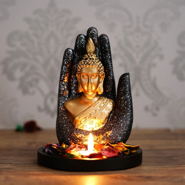Polyresin Black And Golden Handcrafted Palm Buddha Statue