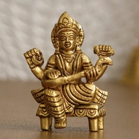 Golden Handcrafted Brass Goddess Saraswati Idol On Chowki