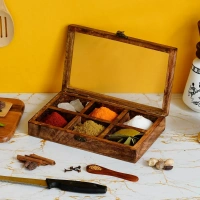 6 Rectangle Compartments Handcrafted Wooden Spice Box