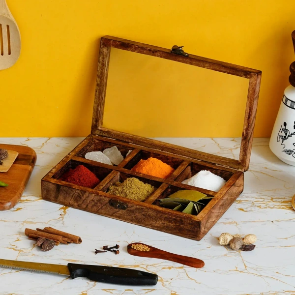 6 Rectangle Compartments Handcrafted Wooden Spice Box