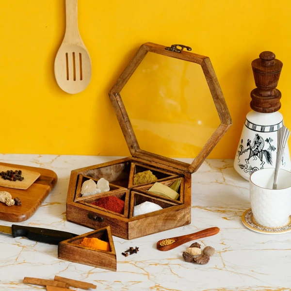 6 Triangle Compartments Handcrafted Wooden Spice Box