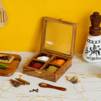 4 Square Compartments Handcrafted Wooden Spice Box