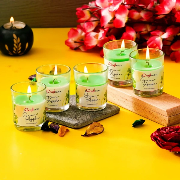 Set Of 5 Green Apple Scented Glass Candle