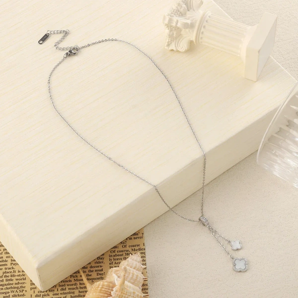 Studded Clover Hanging Silver & White Necklace