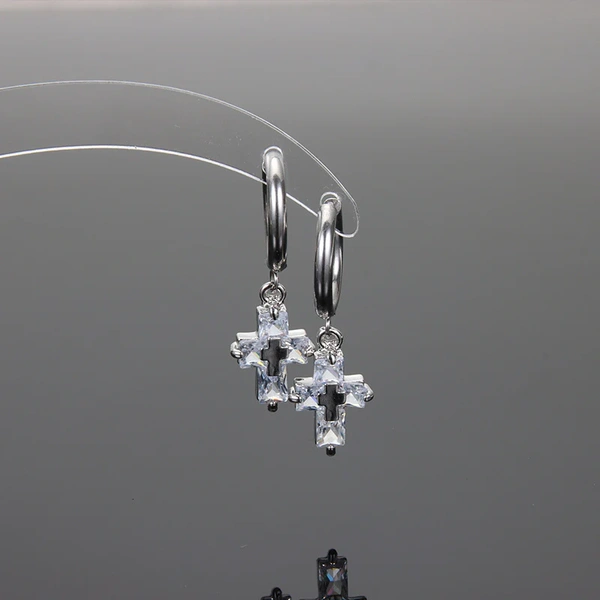 Crystal Cross Silver Earrings