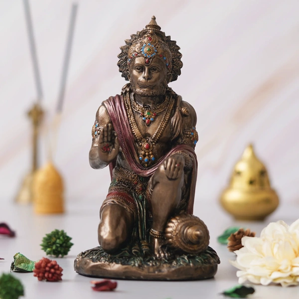 Rustic Gold Blessing Hanuman Statue Sitting With Gada