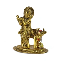 Golden Metal Lord Krishna Playing Flute With Cow Showpiece