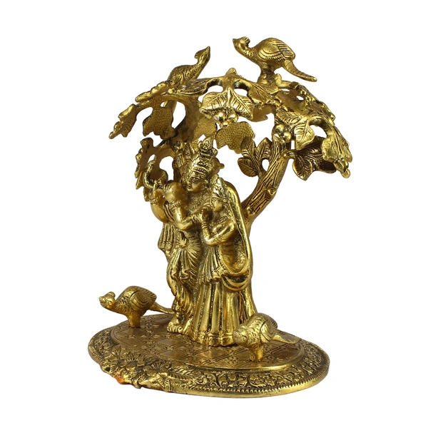 Golden Metal Radha Krishna Statue Standing Under Tree