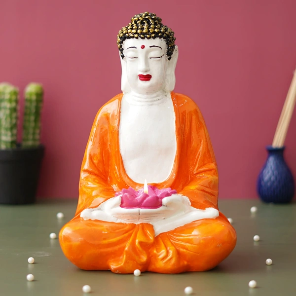 Orange, White, And Pink Polyresin Handcrafted Meditating Buddha Idol