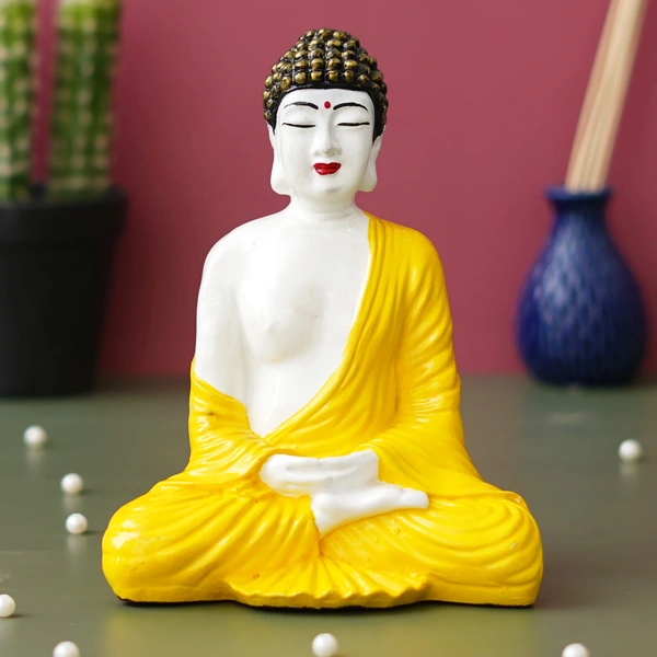 Yellow & White Polyresin Handcrafted Meditating Buddha Statue