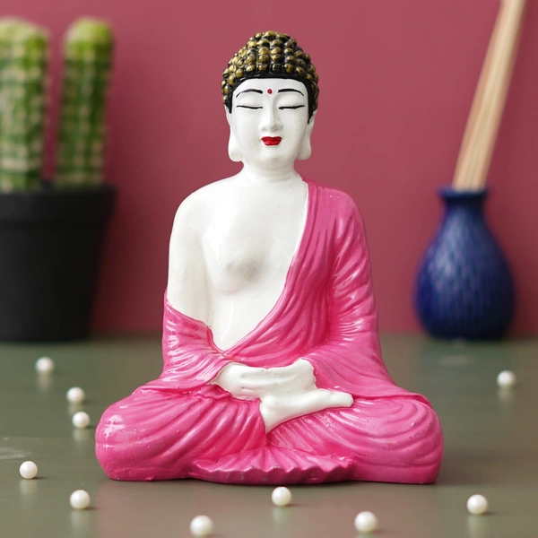 White & Pink Polyresin Handcrafted Meditating Buddha Statue