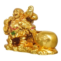 Golden Polyresin Feng Shui Laughing Buddha Idol With Money Bag
