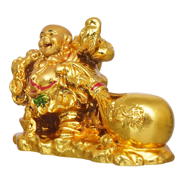 Golden Polyresin Feng Shui Laughing Buddha Idol With Money Bag