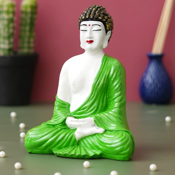 Green & White Polyresin Handcrafted Meditating Buddha Statue