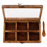 6 Rectangle Compartments Handcrafted Wooden Spice Box