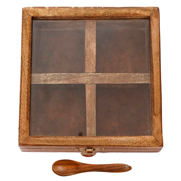 4 Square Compartments Handcrafted Wooden Spice Box