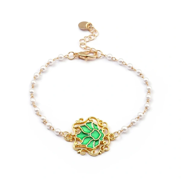 Serenity Lotus Green Charm Gold Bracelet