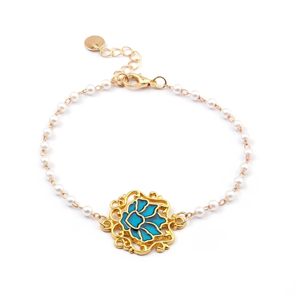 Serenity Lotus Blue Charm Gold Bracelet