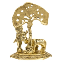Golden Lord Krishna Idol Playing Flute Under Tree With Cow And Calf