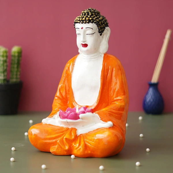 Orange, White, And Pink Polyresin Handcrafted Meditating Buddha Idol