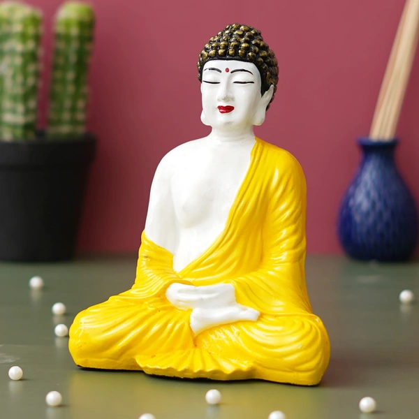 Yellow & White Polyresin Handcrafted Meditating Buddha Statue