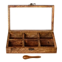 6 Rectangle Compartments Handcrafted Wooden Spice Box