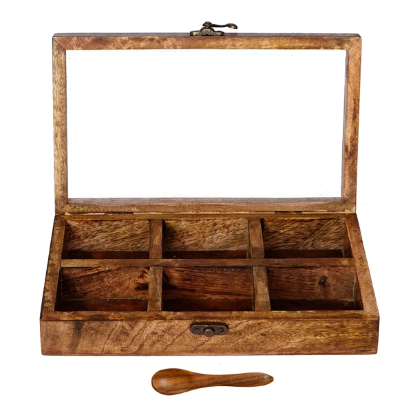 6 Rectangle Compartments Handcrafted Wooden Spice Box