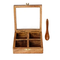4 Square Compartments Handcrafted Wooden Spice Box