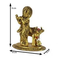 Golden Metal Lord Krishna Playing Flute With Cow Showpiece