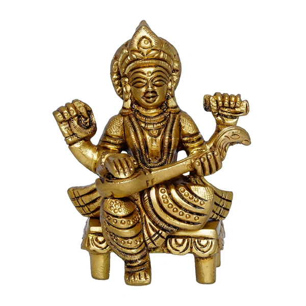Golden Handcrafted Brass Goddess Saraswati Idol On Chowki