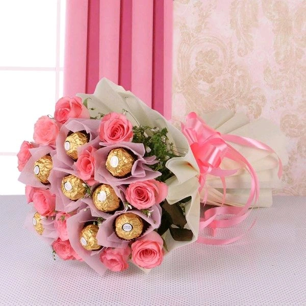 12 Pink Roses With Chocolates