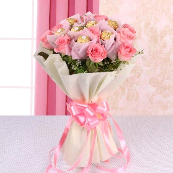 12 Pink Roses With Chocolates