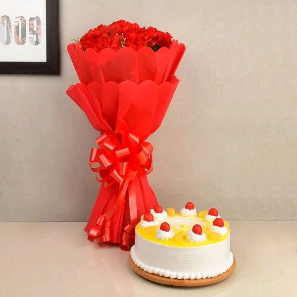 10 Red Carnations With Pineapple Cake