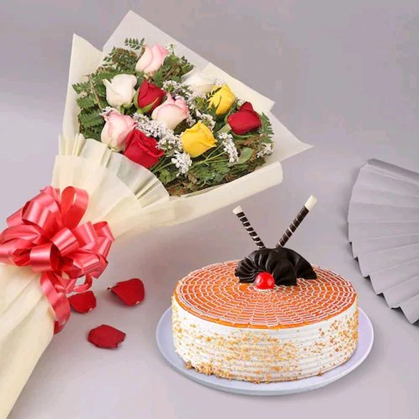10 Mix Roses With Butterscotch Cake
