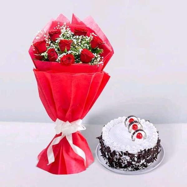 8 Red Roses With Black Forest Cake