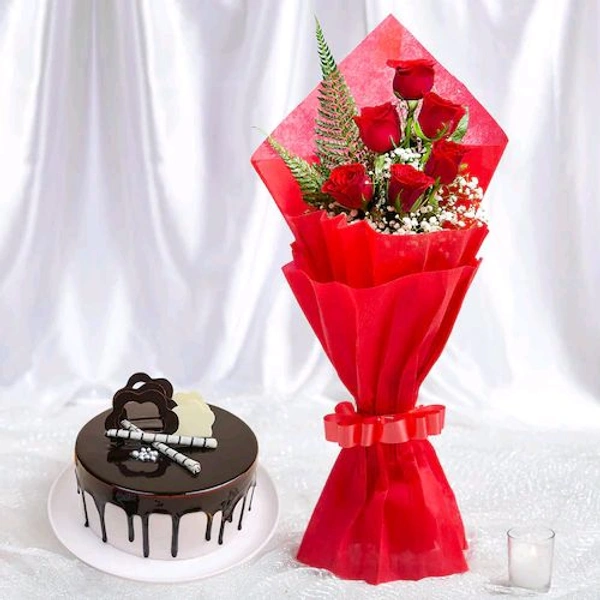 6 Red Roses With Chocolate Cake