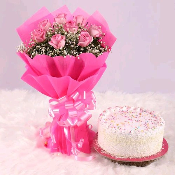 8 Pink Roses With Vanilla Cake