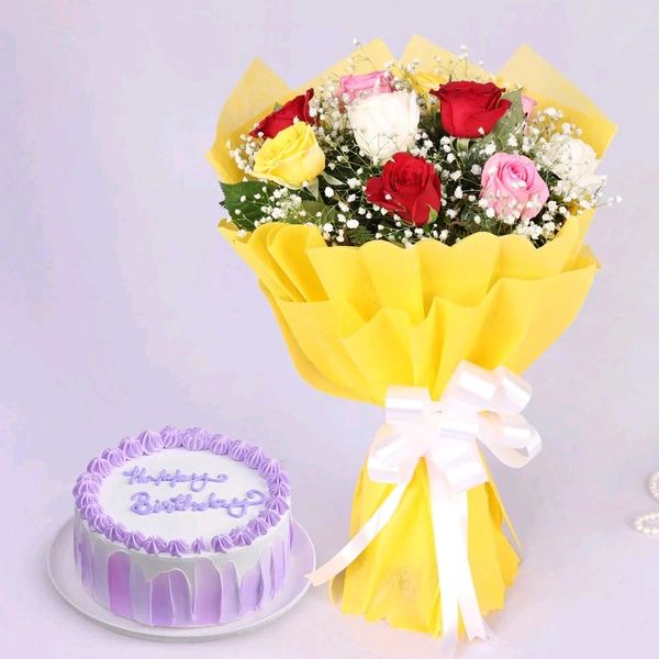 10 Mix Roses With Vanilla Cake