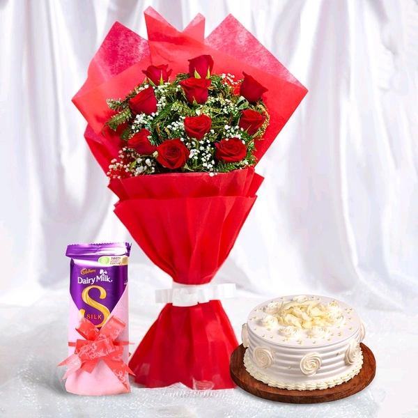 10 Red Roses With Vanilla Cake & Chocolates
