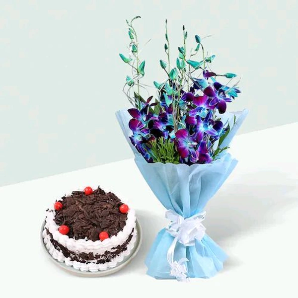 10 Blue Orchids With Black Forest Cake