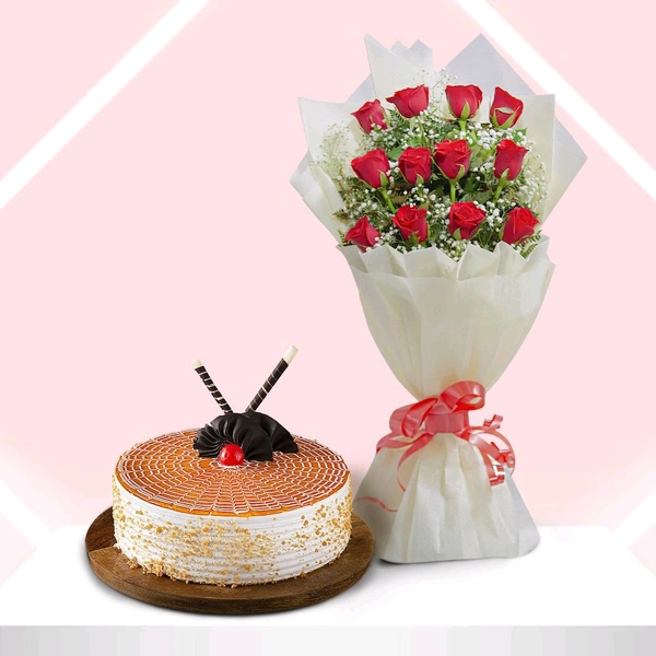 12 Red Roses With Butterscotch Cake