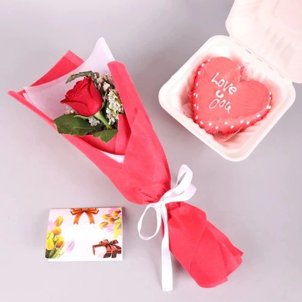 Single Red Rose With Mini Vanilla Cake