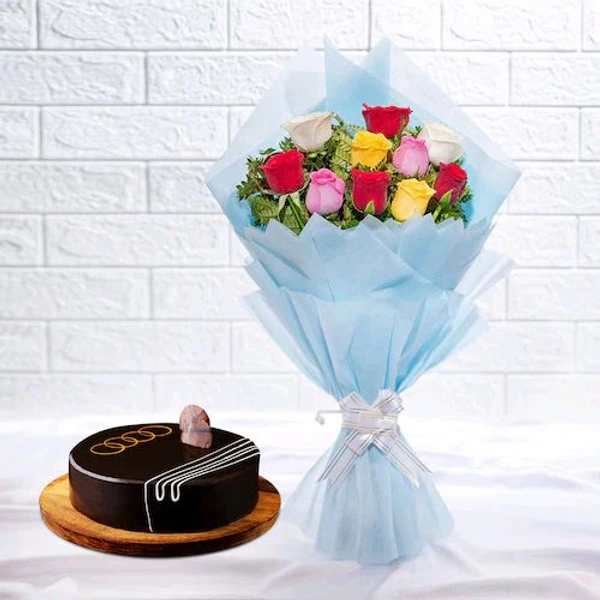 10 Mix Roses With Chocolate Cake
