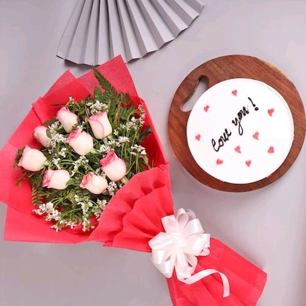 8 Pink Roses With Pineapple Cake