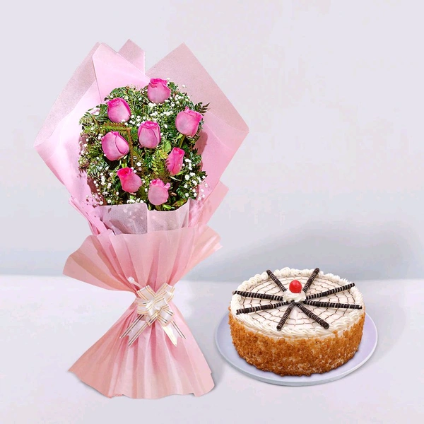 8 Pink Roses With Butterscotch Cake
