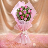8 Pink Roses With Butterscotch Cake