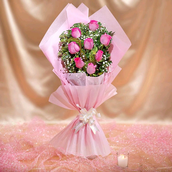 8 Pink Roses With Butterscotch Cake
